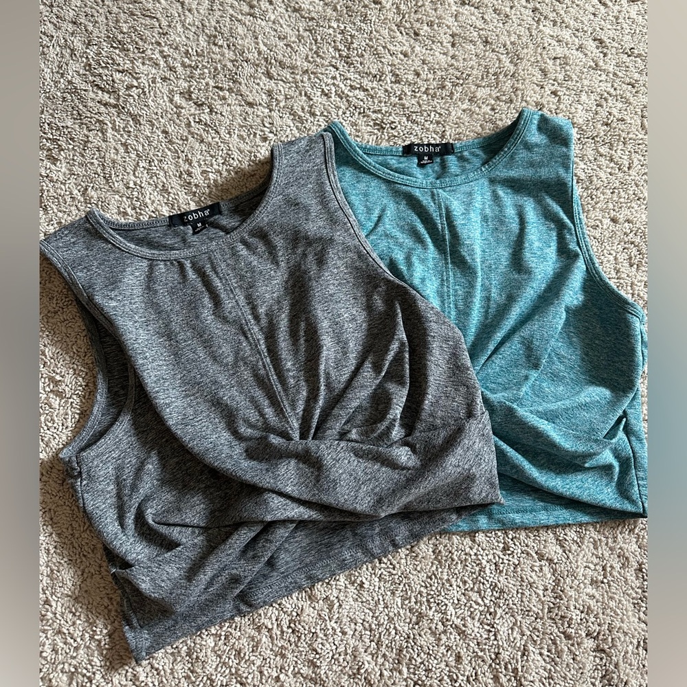 Gray and Teal Ruched Crop Tank Tops